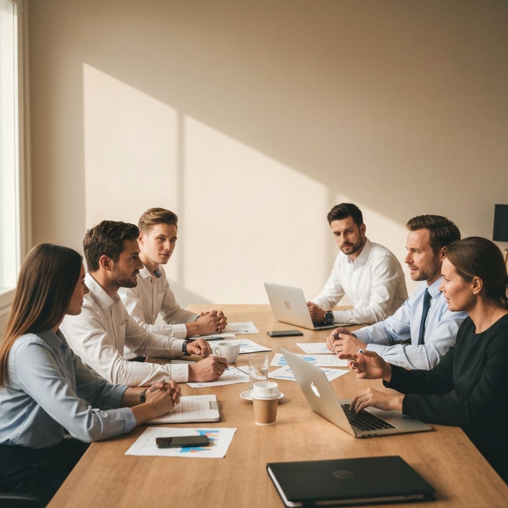 Бизнес-команда обсуждает процессы в офисной среде