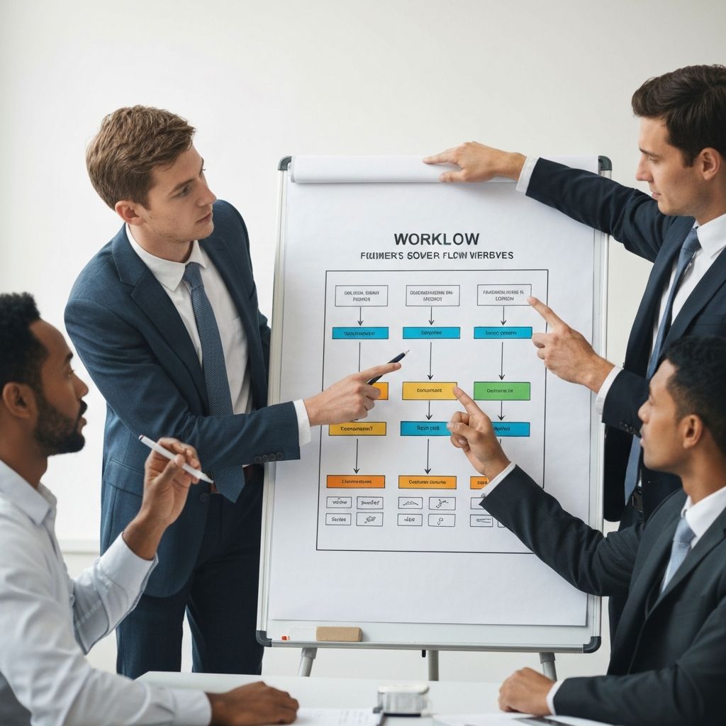 Команда обсуждает рабочий процесс и схему на доске