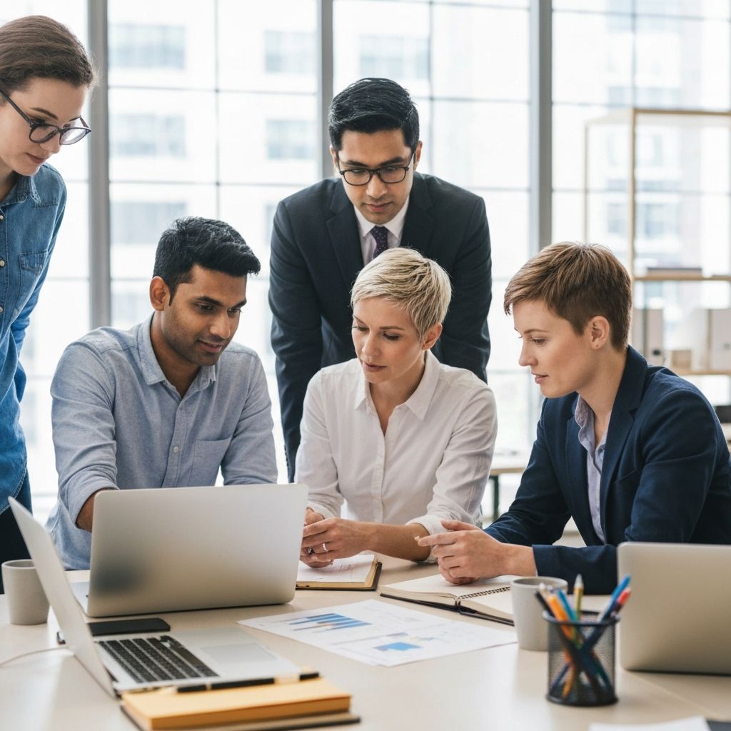 Офисная команда работает над проектом и процессами вместе